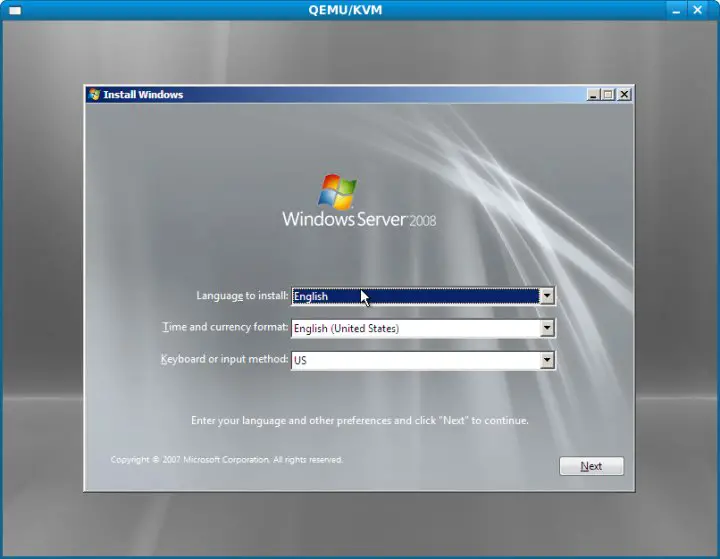 The Windows Server 2008 setup process running under KVM