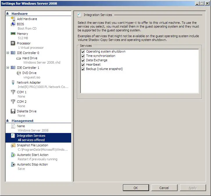 Configuring integration services provided to a Hyper-V guest operating system