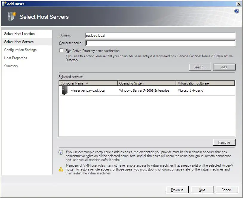 Adding a host server to the VMM Administrator Console
