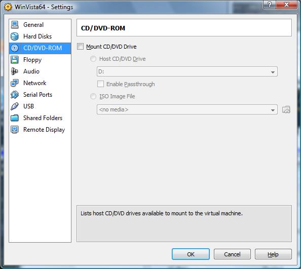 The VirtualBox CD/DVD-ROM settings page